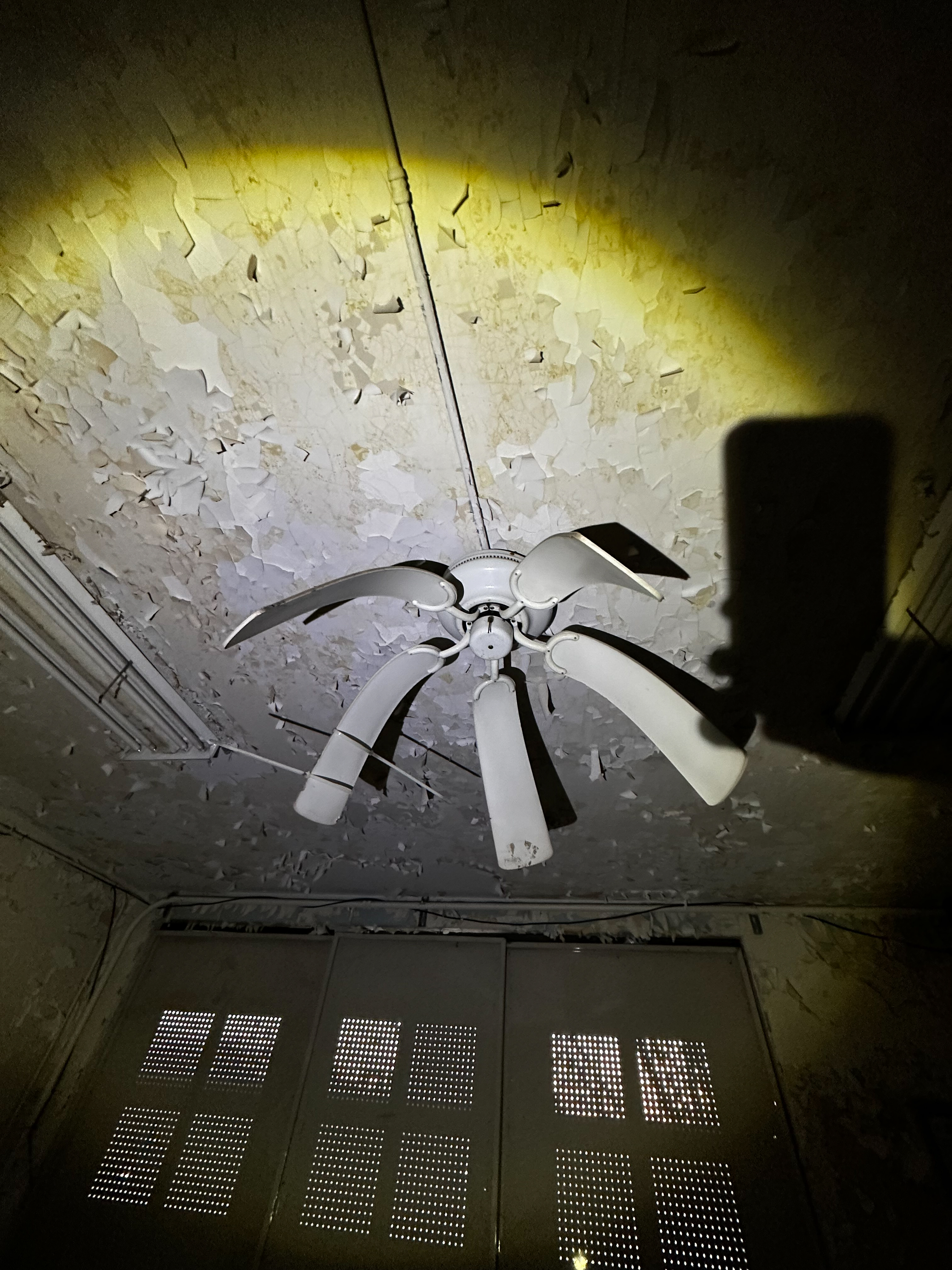 Ceiling fan with bent blades in a decaying room
